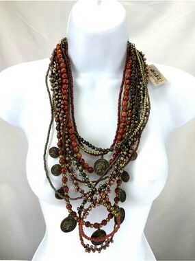 Treska Timbuktu NEW necklace multi strand copper gold rust olive mix chunky